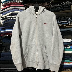 Levi's Men's Light Gray Full-Zip Hooded Sweatshirt with Red Logo